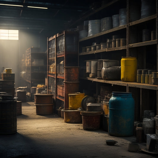 A dimly lit, worn, concrete warehouse interior with rows of rusty metal shelves, stacked with old, dented, and faded pesticide containers, surrounded by caution tape and warning signs.