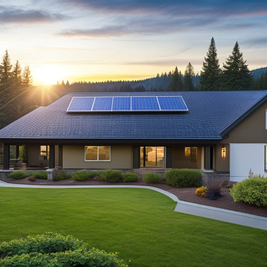 A serene Oregon landscape with a modern home featuring a sleek solar panel array on the roof, a battery backup system in the backyard, and a subtle sunny glow.