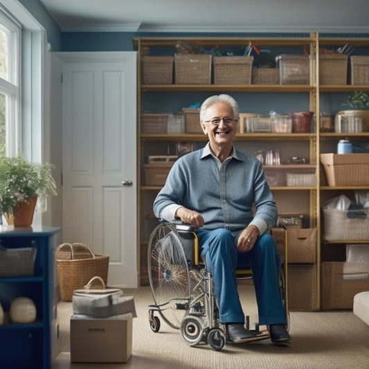 An image depicting a senior adult, smiling and confidently navigating their clutter-free living room, with a wheelchair-accessible storage unit in the background, surrounded by organized shelves and easy-to-reach storage bins.