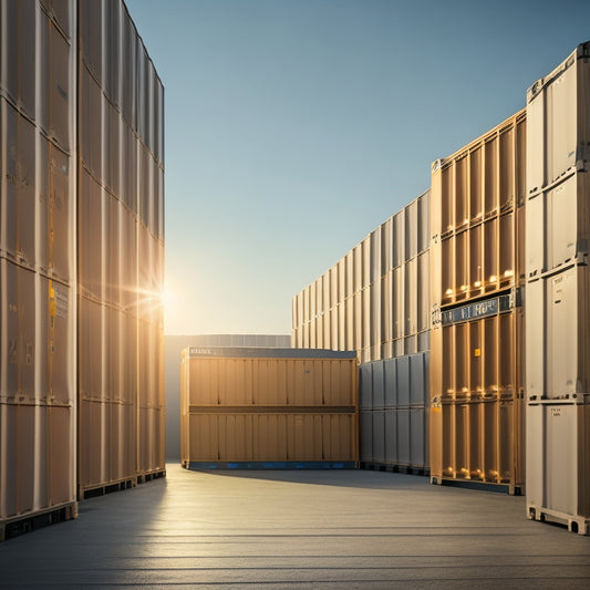 A modern, sleek, and organized storage facility with rows of PODS containers in various sizes, surrounded by subtle hints of urban architecture and a warm, golden lighting.