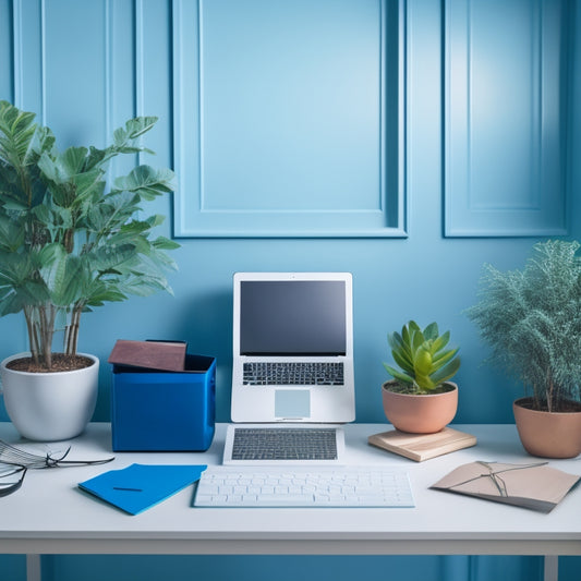A serene, organized desk with a laptop displaying an empty inbox, surrounded by neatly labeled folders, a tidy paper tray, and a few flourishing green plants, set against a calming blue background.