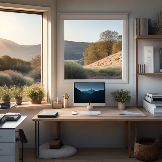 A serene, well-lit, minimalist home office with a tidy desk, a closed laptop, and a few neatly labeled file folders, surrounded by a blurred background of organized shelves and a calm natural landscape.