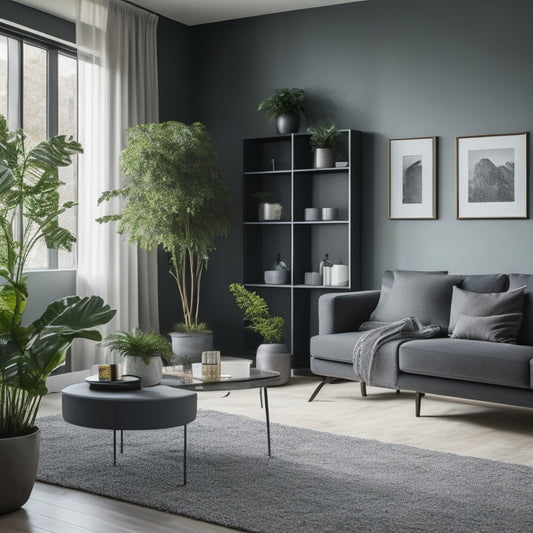 A serene, modern living room with a floor-to-ceiling, sleek, gray storage unit, adorned with stylish, minimalist decor, and a few, carefully-placed, lush green plants.
