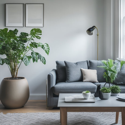 A serene, minimalist home interior with a tidy living room, a few carefully placed potted plants, and a single iPhone on a sleek coffee table, surrounded by subtle hints of organization tools.