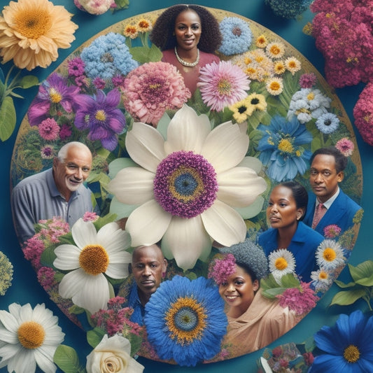 A vibrant, stylized illustration featuring diverse individuals of different ages, abilities, and ethnicities gathered around a large, blooming flower with petals shaped like puzzle pieces, surrounded by subtle civic and charity symbols.