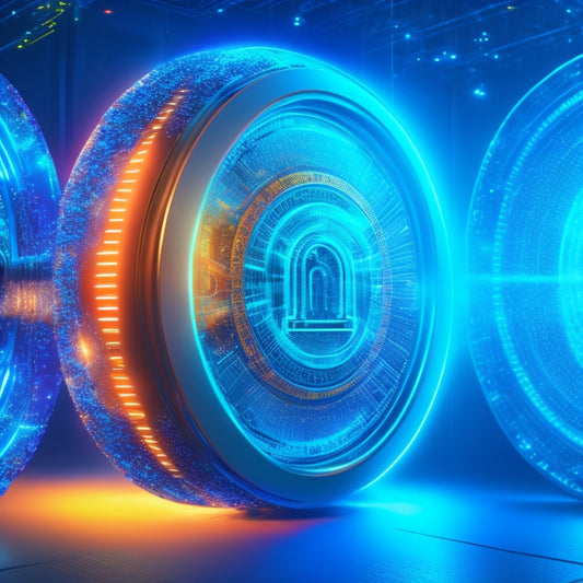 A futuristic, high-tech background with a large, glowing padlock at its center, surrounded by swirling patterns of 1s and 0s, with a few scattered, encrypted files and folders in the foreground.