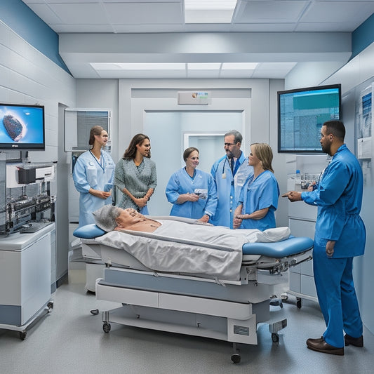 A modern hospital radiology room with state-of-the-art equipment, a Siemens Healthineers USA branded radiography machine, and a diverse group of healthcare professionals gathered around a patient on an examination table.