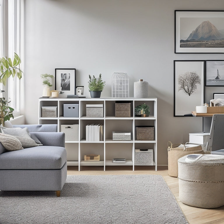 A tidy, modern living room with a few, strategically placed storage bins and baskets, a laptop and a notebook on a minimalist desk, surrounded by organized shelves and a calm, neutral color palette.