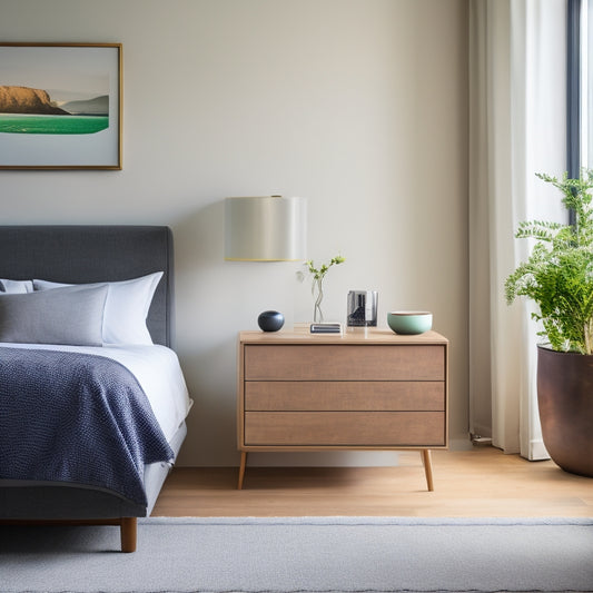 A serene, minimalist bedroom with a tidy bed, a few scattered throw pillows, and a sleek, modern dresser with a wireless charging pad and a small, discreet external hard drive on top.