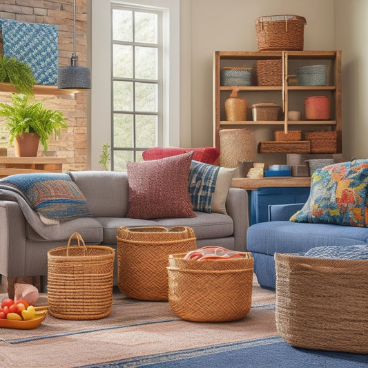 A warm, inviting living room with a mix of repurposed crates, woven baskets, and colorful storage bins, showcasing creative ways to organize clutter without breaking the bank.