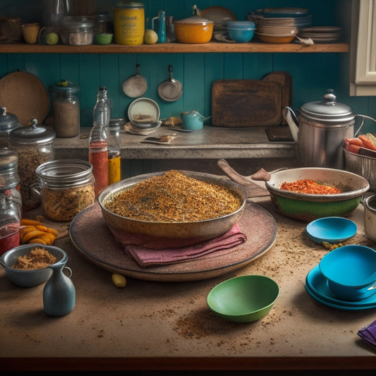 A cluttered kitchen countertop with stacks of dirty dishes, worn-out cookbooks, and a tangled mess of kitchen utensils, surrounded by crumbs and spills, with a faint shadow of a frustrated cook in the background.