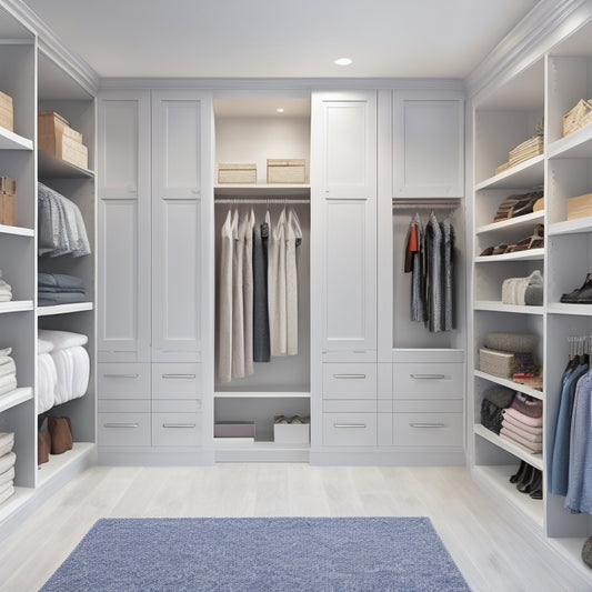 Generate an image of a modern, white, walk-in closet with floor-to-ceiling shelves, double rods, and a built-in, floor-to-ceiling, gray fabric-covered storage unit with multiple pockets of varying sizes.
