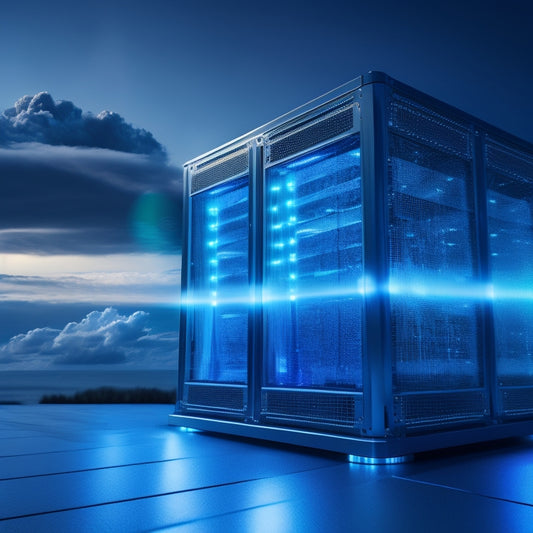 A futuristic, sleek, silver server rack with glowing blue LED lights, surrounded by swirling clouds of ones and zeros, and a holographic orb displaying a 3D VNX Simulator interface.