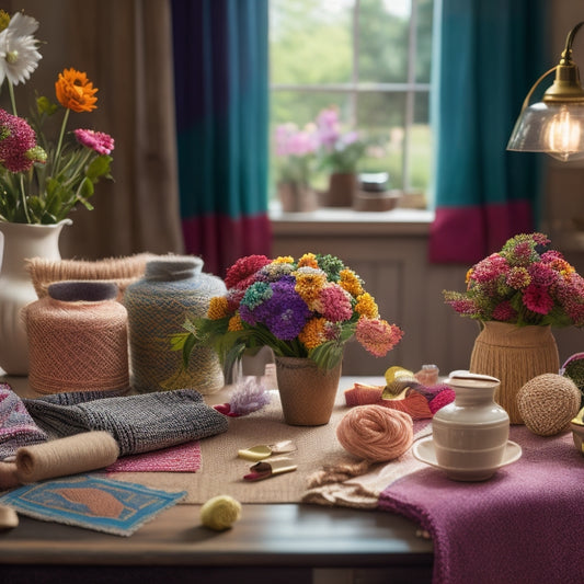 A warm and cozy scene featuring a craft table surrounded by colorful fabrics, threads, and handmade gifts, with a vase of fresh flowers and a few Mother's Day cards in the background.