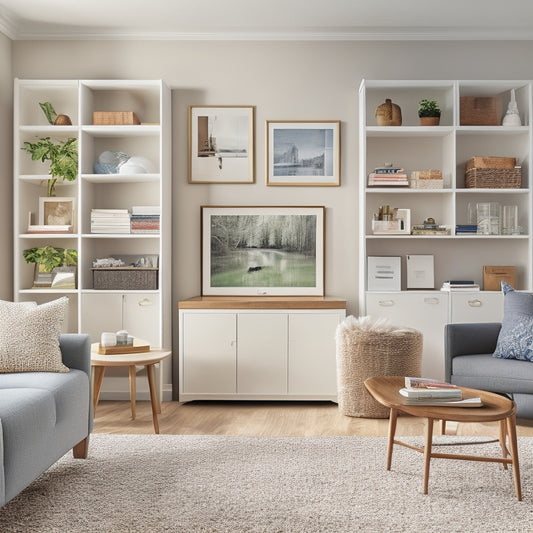 A serene and tidy living room with a built-in shelving unit, labeled storage bins, and a minimalist desk with a calendar and a few carefully placed family photos.