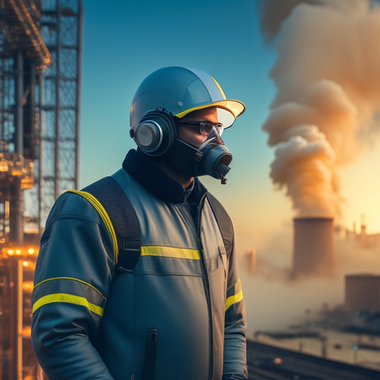 An illustration of a futuristic, sleek Whatsdown suit with built-in air filters, temperature control, and hazard alerts, worn by a confident worker amidst a backdrop of industrial smoke and pollution.
