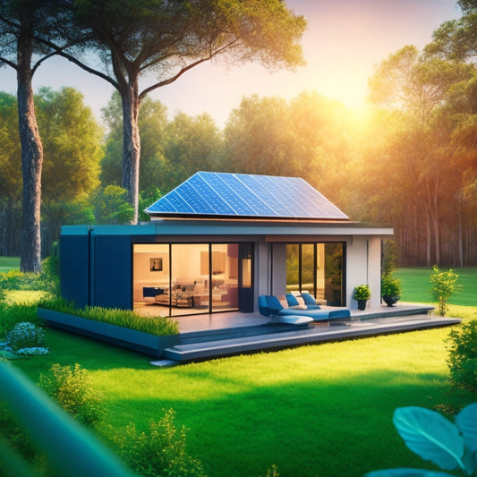A futuristic illustration of a sleek, modern home with solar panels on the roof, a compact SMA storage system in the backyard, and a bright, glowing energy flow connecting the two, surrounded by lush greenery.