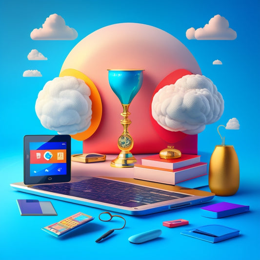 A stylized illustration of a cloud with a trophy or medal at its center, surrounded by various file formats and devices (laptop, tablet, smartphone) in a harmonious, colorful arrangement.