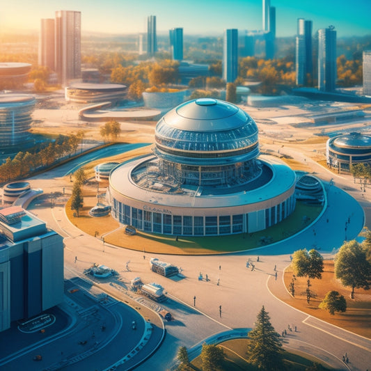 A futuristic illustration of a sprawling university campus with sleek, modern buildings, surrounded by gears, circuits, and coding symbols, with robots, drones, and virtual reality headsets scattered throughout.