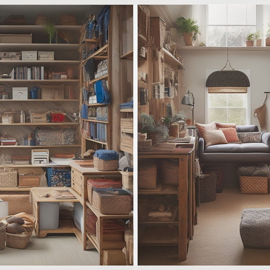 A cluttered room with a before-and-after split-screen effect, showcasing a messy space on one side and a tidy, organized area with a few Craftsy boxes and a sturdy shelving unit on the other.