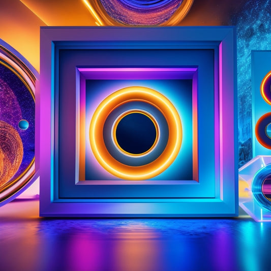 A futuristic, minimalist background with a scattered array of vibrant, glowing photo frames, gradually converging into a centralized, swirling vortex, symbolizing organized digital memories.
