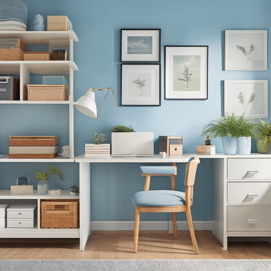 A serene, well-organized home office with a minimalist desk, a few neatly labeled storage bins, and a few decorations, set against a calming light blue background with plenty of natural light.