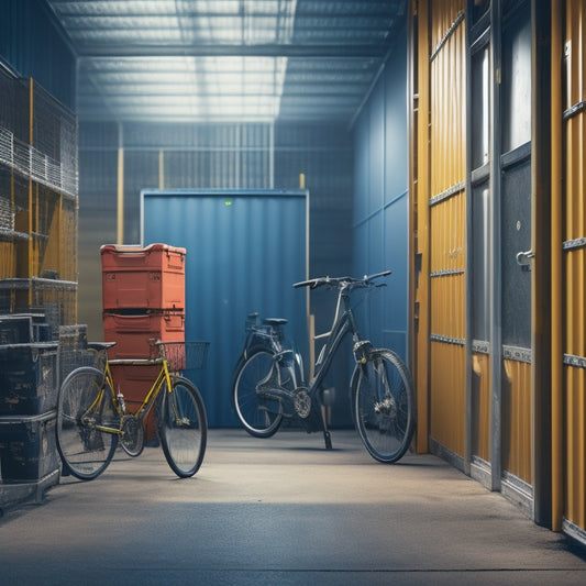 A tidy, well-organized storage unit with stacked boxes, bikes, and luggage, surrounded by steel walls and a secure, locked gate, with a subtle cityscape background.