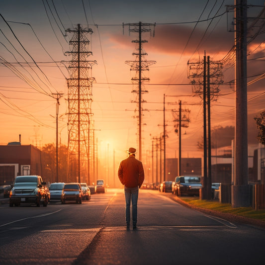 A stylized illustration of a person standing confidently in front of a cityscape at sunset, with utility poles and wires in the background, surrounded by glowing lightbulbs and sparks.