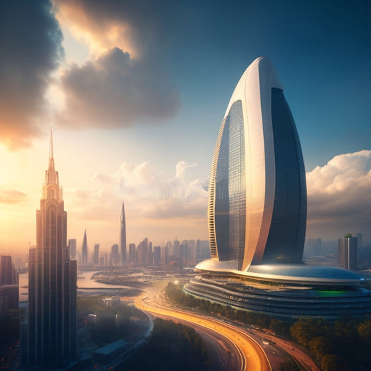 A futuristic cityscape with sleek skyscrapers, surrounded by swirling clouds of possibility, featuring a prominent government building with open doors, emitting a warm, inviting glow.