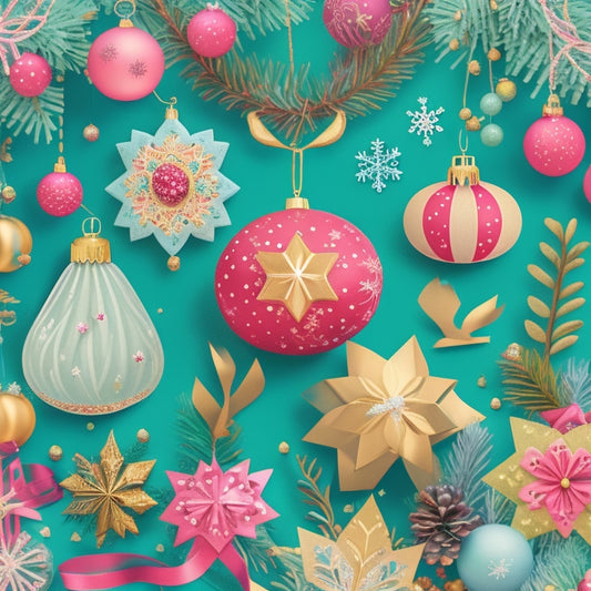 A whimsical illustration featuring a festive holiday scene with ornaments, garlands, snowflakes, and flowers, surrounded by colorful clipart elements, such as bows, stars, and leaves, in a mix of bold and pastel colors.