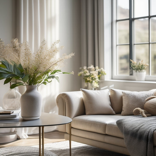 A serene, minimalist living room with a comfortable couch, a vase with fresh flowers, and a few, carefully placed, elegant decorative objects, flooded with natural light streaming through large windows.