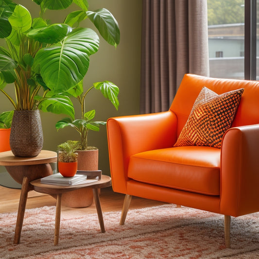 A stylish living room with a bold, patterned accent chair in a vibrant orange hue, paired with a sleek, low-profile coffee table and a lush green potted plant.