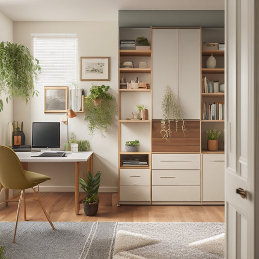 A clutter-free, minimalist studio apartment with a Murphy bed, a compact desk, and a floor-to-ceiling storage unit with sliding doors, surrounded by plants and a few decorative items.