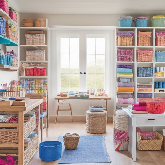 A bright, airy craft room with a bespoke shelving unit, adorned with woven baskets, wooden crates, and colorful jars, surrounded by a scattered array of art supplies, threads, and fabrics.
