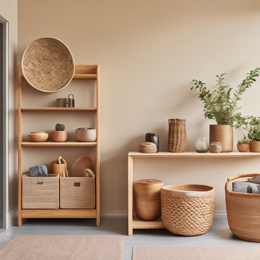 A minimalist, modern room with sleek, floor-to-ceiling shelves in a warm wood tone, adorned with stylish baskets, woven bins, and geometric decorative accents, bathed in soft, natural light.