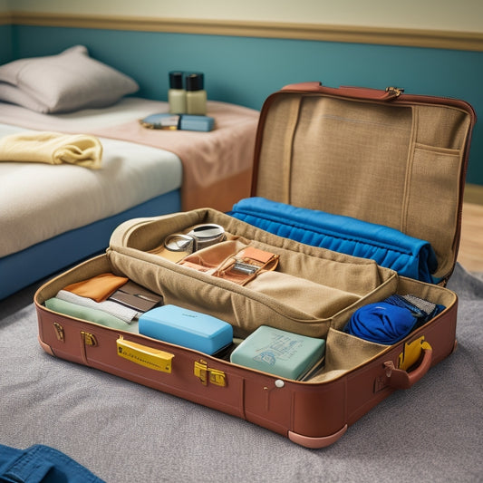 A suitcase open on a bed, with neatly organized clothes, toiletries, and travel accessories in separate compartments, surrounded by a few strategically placed travel-sized items and a small packing cube.