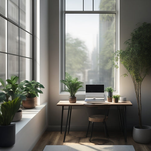 A serene, minimalist room with a laptop open on a tidy desk, surrounded by potted plants, with a cityscape visible through the window, and a subtle grid of floor plans in the background.