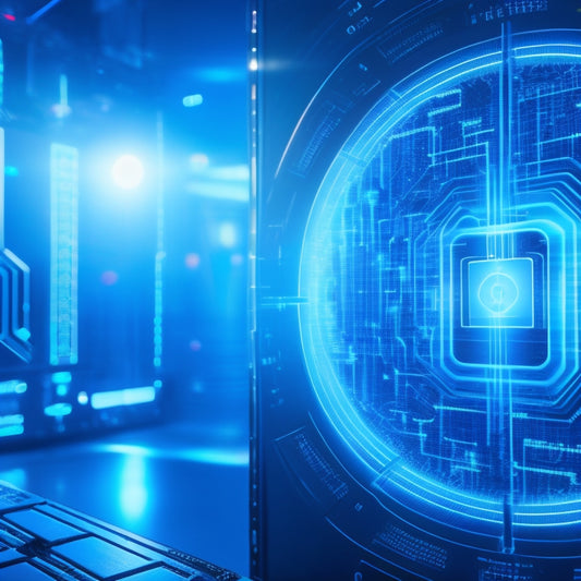 A futuristic, high-tech background with a subtle grid pattern, featuring a large, silver padlock with glowing blue circuits, surrounded by orbiting, encrypted data packets and swirling cryptography symbols.