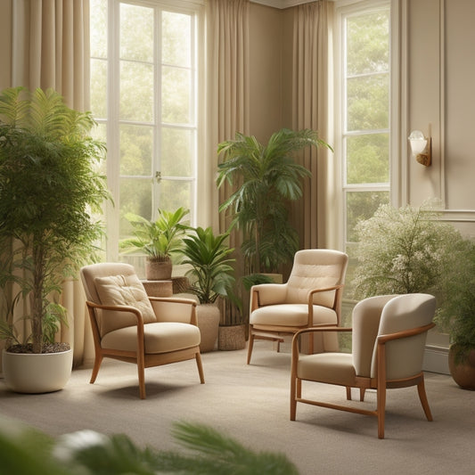 A serene, well-lit room with plush beige walls, featuring a variety of lift chairs in neutral tones, arranged in a harmonious layout, surrounded by lush green plants and soft, golden lighting.