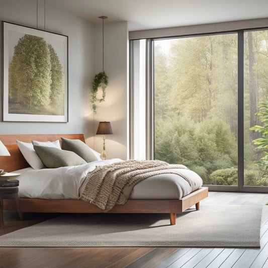A serene, modern bedroom with a plush, cream-colored carpet, floor-to-ceiling windows, and a minimalist, dark-stained wood bedframe, surrounded by soft, warm lighting and lush greenery.