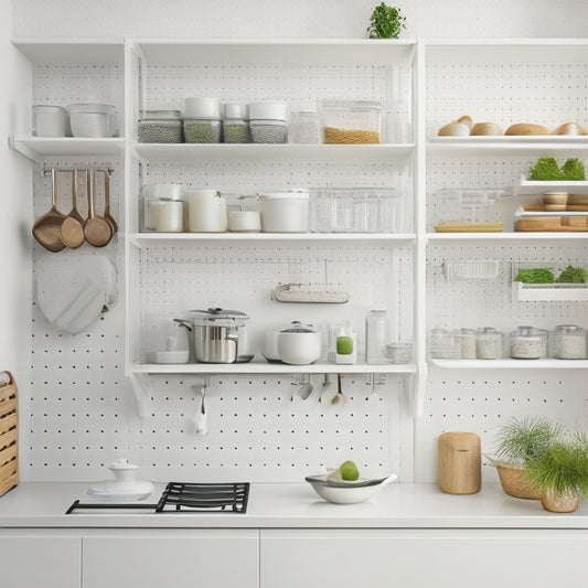 A minimalist kitchen with sleek, white cabinets, a compact island, and a pegboard on the wall, showcasing a utensil organizer, a spice rack, and a few strategically placed baskets.