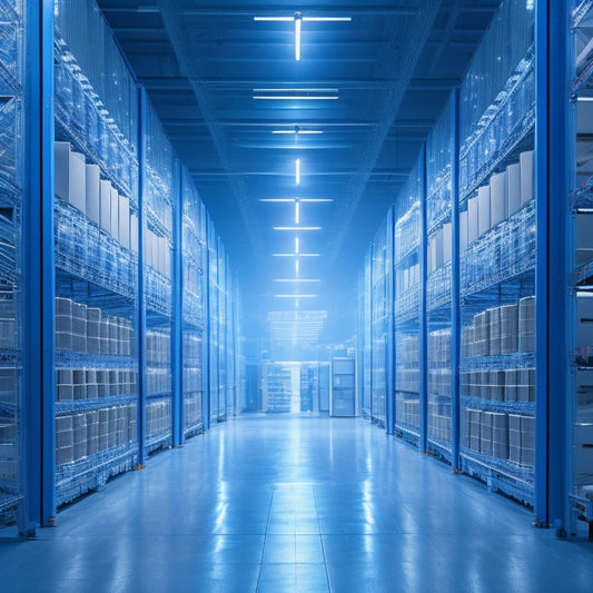 A futuristic, sleek, and modern warehouse interior with rows of towering, silver, high-density storage units, illuminated by soft blue LED lights, and a few autonomous robots navigating the aisles.