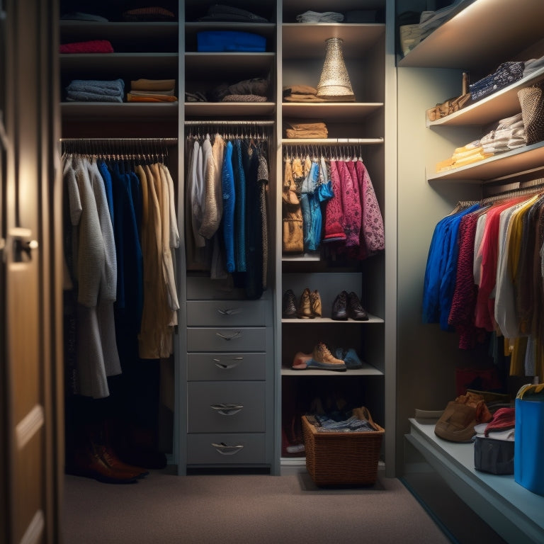 A cluttered, dimly lit small closet with tangled clothes and shoes scattered on the floor, contrasted with a sleek, organized custom storage system with sliding drawers and shelves in the background.