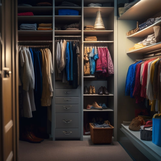 A cluttered, dimly lit small closet with tangled clothes and shoes scattered on the floor, contrasted with a sleek, organized custom storage system with sliding drawers and shelves in the background.