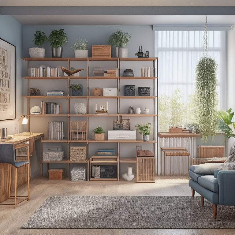 An illustration of a compact, modern living room with floor-to-ceiling shelves, stacked crates, and a Murphy desk, showcasing clever vertical storage solutions in a small, clutter-free space.