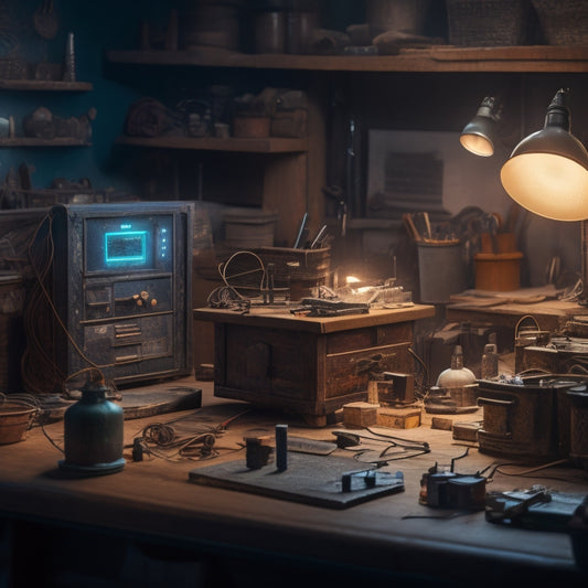 A stylized illustration of a craftsman's workshop, with digital screens and devices replacing traditional tools, surrounded by wires, circuits, and microchips, with a subtle glow emanating from the center.