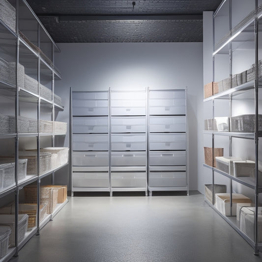 A bright, modern basement with creamy walls, polished concrete floors, and sleek metal shelving units, holding neatly labeled storage bins, and a few well-placed LED lights illuminating the space.