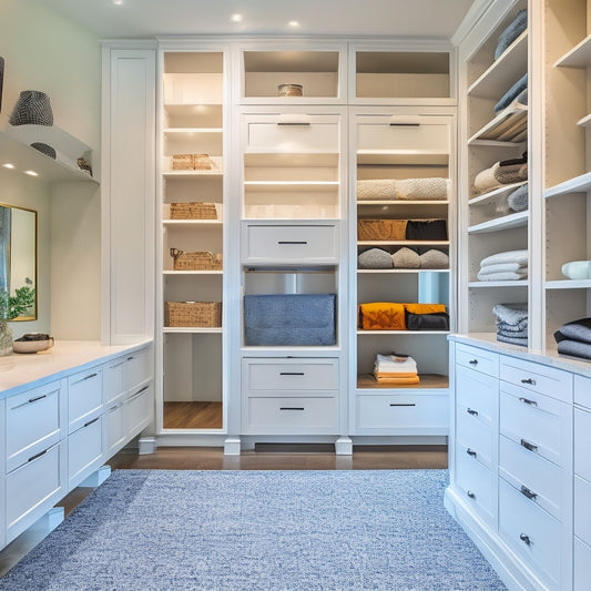 A modern, spacious walk-in closet with sleek, floor-to-ceiling white cabinets, sliding drawers, and shelves, featuring a built-in island with a granite countertop and a stylish, chrome-legged stool.