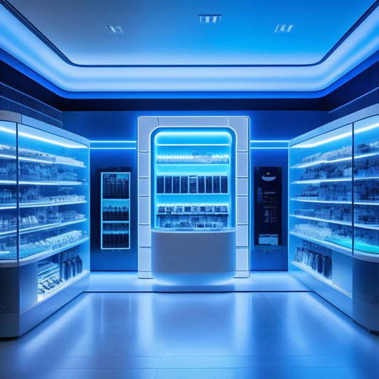 A futuristic retail space with sleek shelves and minimalist decor, featuring a large touchscreen display showcasing digital products, surrounded by floating 3D models and glowing blue circuits.