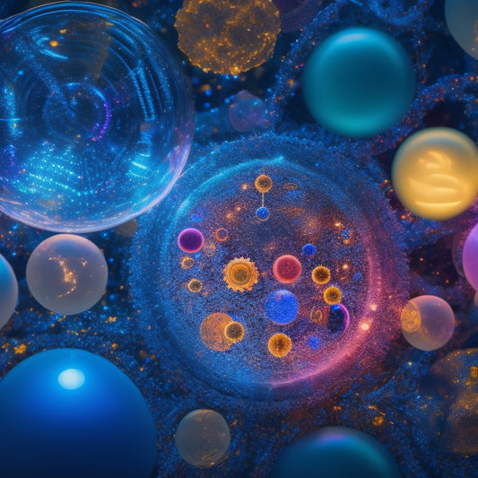 A vibrant, interconnected network of colorful bubbles and curved lines radiating from a central point, surrounded by glowing light bulbs, gears, and puzzle pieces, on a dark blue background.